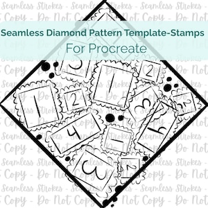 May include: Black and white digital stamps for Procreate, featuring a diamond pattern with numbers 1-4 in decorative frames. The text reads "Seamless Diamond Pattern Template-Stamps For Procreate".
