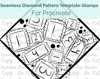 Procreate用のシームレスなダイヤモンドパターンテンプレート、独自のパターンPNGを作成、スタンプパターンレイアウト、手描きレイアウト、デジタルダウンロード