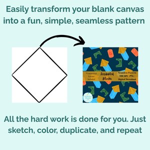 May include: An image demonstrating seamless pattern creation. A white diamond shape transforms into a dark blue pattern with colorful geometric shapes. Text includes "Scribbled Blocks" and "Digital Download."