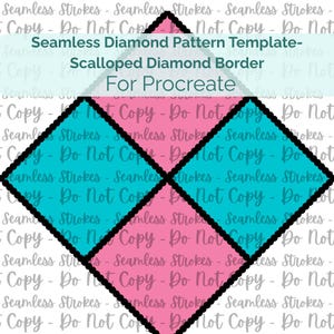Może przedstawiać: Cyfrowy szablon dla Procreate z obramowaniem w kształcie muszli. Projekt zawiera naprzemienne różowe i turkusowe kształty diamentów obrysowane na czarno, z tekstem "Seamless Diamond Pattern Template - Scalloped Diamond Border For Procreate".