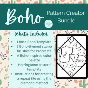 May include: A digital art bundle with the word "Boho" in a script font. The bundle includes templates, brushes, and a color palette for Procreate. A tablet displays a diamond-shaped pattern with the word "hero".