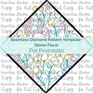 May include: A diamond-shaped pattern template with a dense floral design. The design features teal, gold, and purple floral elements on a white background. Text reads "Seamless Diamond Pattern Template - Dense Floral - For Procreate."