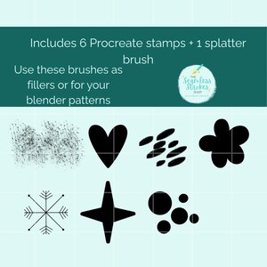 Puede incluir: Gr&aacute;fico turquesa con el texto "Incluye 6 sellos Procreate + 1 pincel de salpicaduras. Usa estos pinceles como rellenos o para tus patrones de mezcla." La imagen muestra una variedad de formas negras, incluyendo un coraz&oacute;n, una flor y un copo de nieve.