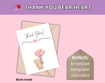 Thank You Card With Bear & Hearts, Pink Accents, Printable