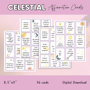 May include: A set of 36 affirmation cards with celestial-themed illustrations. The cards are printed on white cardstock with a light pink background. The cards feature a variety of positive affirmations, such as "I am intelligent and talented" and "I deserve the best".