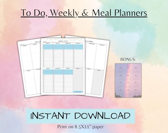 Lista de tareas, planificador semanal y de comidas en formato vertical. Descarga instantánea.