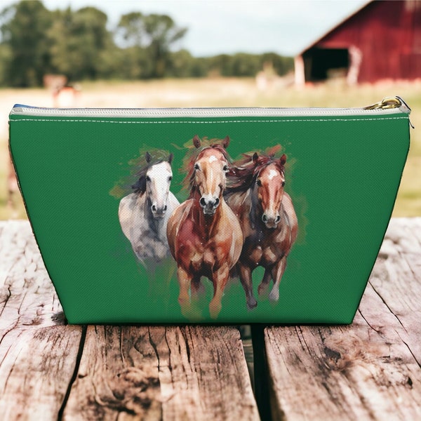 Handmade Custom Cosmetic Pouch with Expandable Bottom - Showcasing Three Beautiful Horses in Motion on the Front & Back