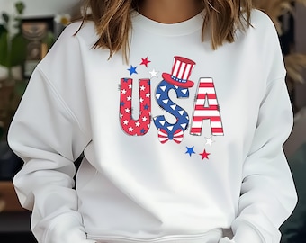 USA Patriotic Sweatshirt American Flag Sweatshirt 4th of July Outfit Unisex Gildan Crewneck Red White Blue Sweater Memorial Day Gift America