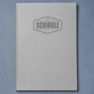 May include: A gray notebook with the words "JOT SCRIBBLE" in a gray hexagonal stamp on the front cover.