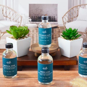 May include: Four glass bottles with blue labels and white text. The bottles are filled with a clear liquid and are arranged on a wooden surface. The labels read "Cucumber Oasis", "Tropical Dusk", "Orris Luxe", and "Peaceful Paloma".