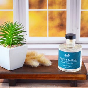 May include: A decorative display featuring a small green plant in a white square pot, a bottle of "Peaceful Paloma" fragrance, and dried ornamental grass on a dark wooden tray. The fragrance bottle has a teal label and a black cap.