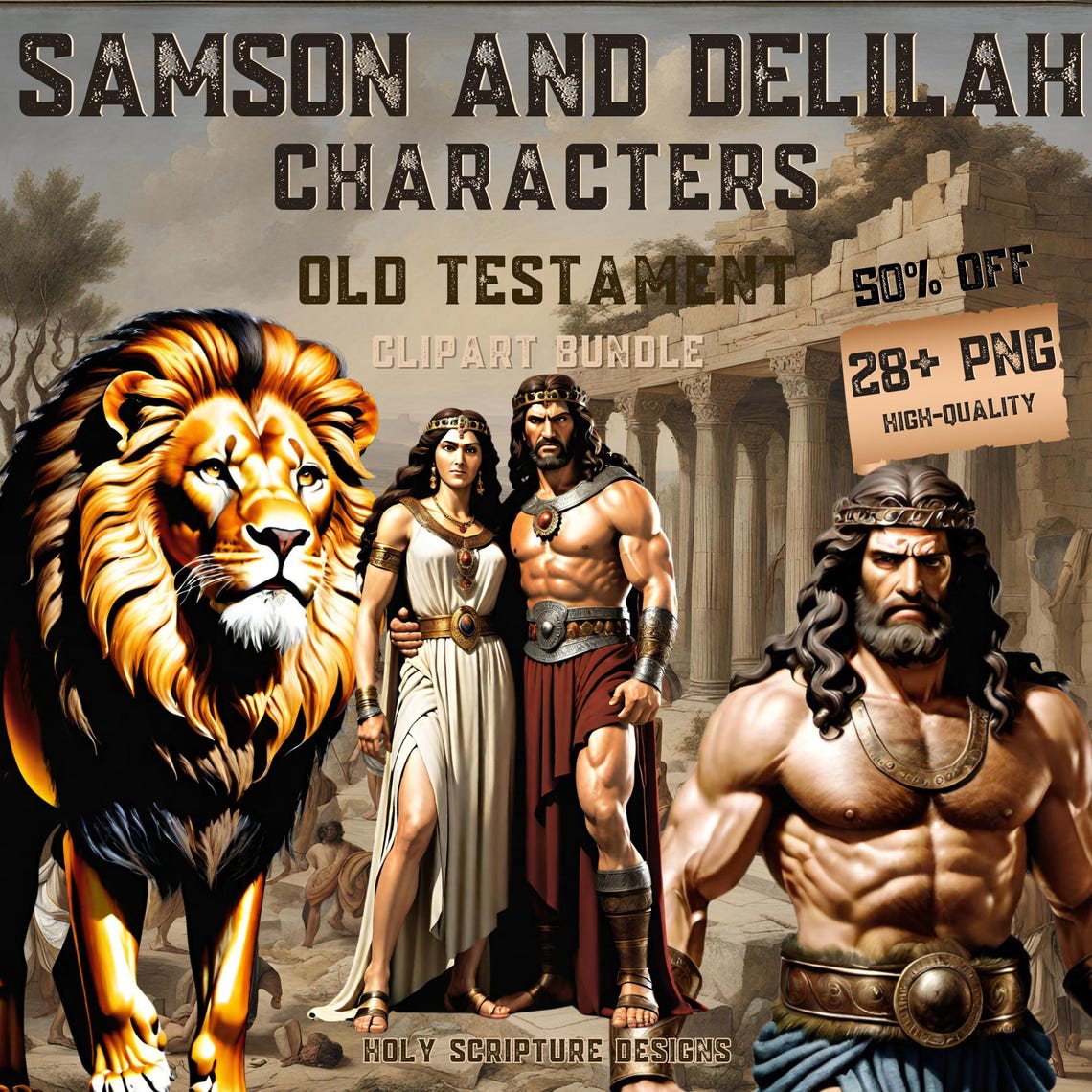 Scamson Samson and Delilah Clipart: Bible Story PNG Illustrations (digital ...