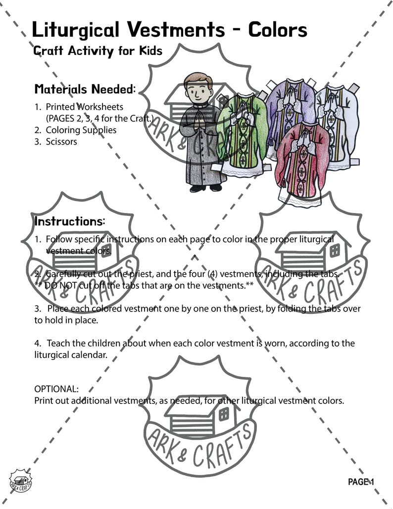 Priest Vestments Paper Doll: Catholic Colors Activity (printable PDF ...