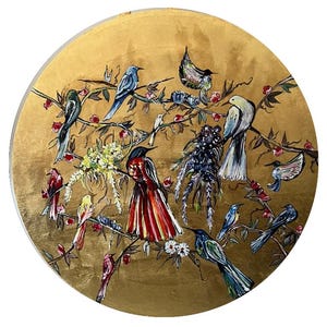 Originele handgeschilderde vogels olieverfschilderij op bladgoud rond canvas of bord Golden Harmony