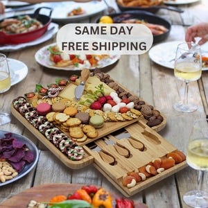 60% OFF Limited Time – Large Bamboo Charcuterie Board Set with Cheese Knives & Built-In Drawer – Perfect for Hosting, Gifting Cheese Board