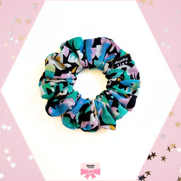 Teal Pink Black Regular Size Hair Scrunchie, Pastel Flowers with Black Line Bands Print Hair Tie, Soft Lightweight Polyester Hair Accessory