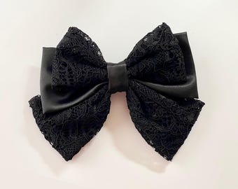 Black Lace & Satin Hair Bow – Handmade Large Hair Clip for Special Occasions, Available in 2 Styles