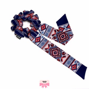 Blue Tribal Hair Tie Scrunchie | Bow Scrunchie | Soft Silky and Lightweight Ponytail Holder | Gifts for Her