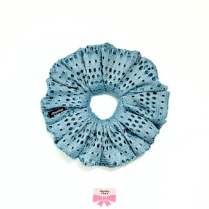 May include: A light blue scrunchie with a mesh design. The scrunchie has a black label that says "chunky ties".