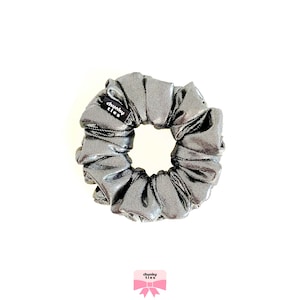 Gunmetal Silver Scrunchie | Metallic Hair Tie with Reflective Grid Print | Edgy 90s Gift Accessory for Her