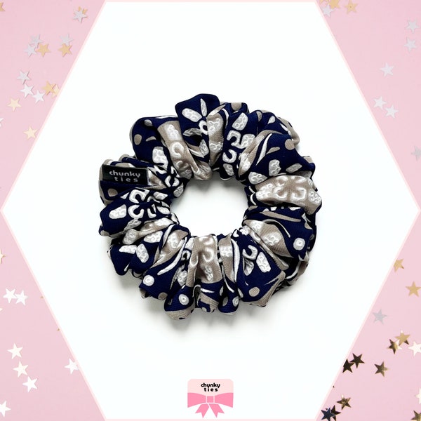 Navy Blue Geometric Pattern Regular Size Hair Scrunchie, Stylish Dark Blue with Embossed Tribal Design Hair Tie, Elegant Hair Accessory