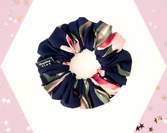 Navy Blue Floral Regular Size Hair Scrunchie, Stylish Dark Blue with Red Flowers Hair Tie, Lightweight Soft Hair Accessory, Gift for her