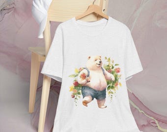 A cheerful bear happily walking back home Unisex Tee, Jolly Bear Tee, Bear Lover Gift, Short Sleeve Shirt, Cute Animal Shirt, Bear,