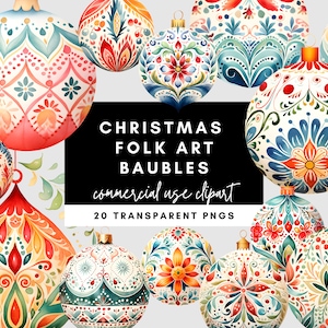 Clipart d'ornements d'art folklorique de Noël à l'aquarelle - graphiques de boules de fête pour les fabricants de papier, cartes de voeux, faire-parts et travaux manuels