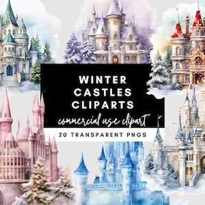 Winter Castle aquarel PNG clipart set - feestelijke kerstpaleis graphics voor briefpapierwinkels, kaarten, uitnodigingen en ambachten