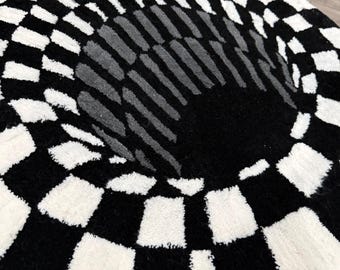 Optical Illusion Tufted Rug – Black & White Checker Spiral (2.5 ft) Handmade Statement Rug
