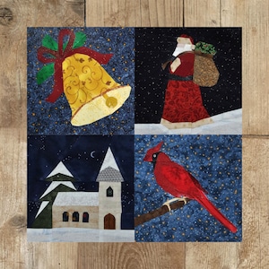 May include: A patchwork quilt square with four festive Christmas images. A gold bell with a red bow, Santa Claus with a sack, a church with snowy trees, and a red cardinal bird on a branch are set against a starry blue backdrop.