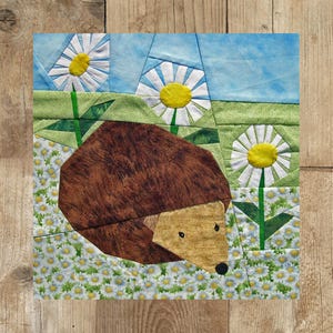 Op de afbeelding: Een bruine en beige egel met een witte neus krult zich op in een veld met witte madeliefjes met gele hartjes. De madeliefjes bevinden zich op een groene achtergrond met een blauwe lucht op de achtergrond.