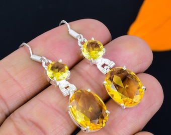 Boucles d'oreilles citrine, boucle d'oreille faite main, boucle d'oreille en argent sterling 925, boucle d'oreille en pierre précieuse citrine jaune, cadeau pour elle, boucle d'oreille pendante pour cadeau