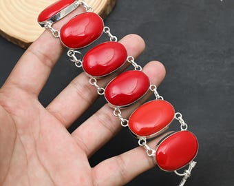 Red Coral Gemstone Bracelet, Handmade Bracelet 925 Sterling Silver Bracelet, Red Coral Bracelet, Bracelet For Mother For Her Gift For Love