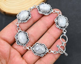 Bracelet Réglable En Argent 925 Avec Pierre De Lune Arc-en-ciel Et Opale De Feu - Fait Main