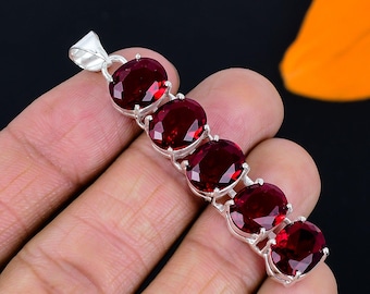 Red Garnet Gemstone Pendant | 925 Sterling Silver Pendant | Handmade Jewelry | Red Garnet Necklace | Oval Shape Pendant | Gift For Unisex