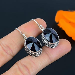 Vintage Black Spinel Gemstone Handmade 925 Sterling Silver Jewelry Earring 925 Stamped Drop/Dangle Black Spinel Silver Fine Earring For Gift
