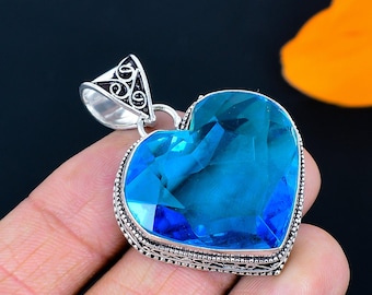 Swiss Blue Topaz Heart Pendant, 925 Sterling Silver Pendant, Handmade Jewelry Pendant, Antique Pendant, Blue Gemstone Pendant, Gift For Mom