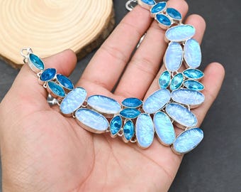 Blue Triplet Opal Blue Topaz Necklace, 925 Sterling Silver Collar, Multi Shade Opal Cluster Bib Necklace, Handmade Peacock Blue Jewelry Gift