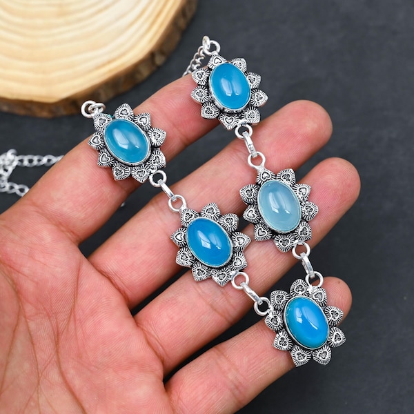 Blue Chalcedony Gemstone Necklace, Handmade 925 Sterling Silver Jewelry Necklace, Blue Chalcedony Necklace Adjustable Chain Anniversary Gift