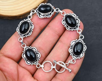 Bracelet Argent 925 Avec Cabochon Onyx Noir - Occasion, Bijou Homme/femme