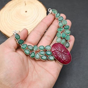 Handmade Kashmir Red Ruby & Emerald 925 Sterling Silver Necklace Zambian Emerald Sterling Silver Necklace Jewelry Gifts