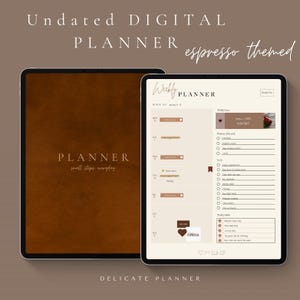 May include: A digital planner with a brown background and the text "PLANNER small steps everyday". The planner is open to a weekly view with the text "Weekly PLANNER" and a section for "Weekly Focus" with the text "SMALL STEPS EVERY DAY".