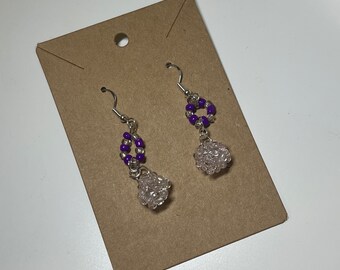 Handmade Clear and Purple Crystal Dangle Earrings with 925 Silver Hook