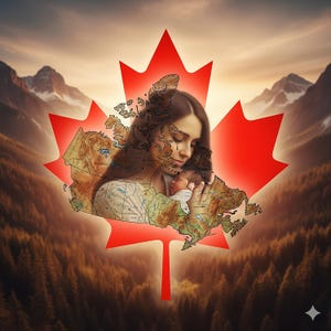 May include: A digital art piece featuring a red maple leaf with a map of Canada overlaid. Inside the map, a woman cradles a baby. The background shows a mountain range and a forest, with a warm, sunset-like sky.