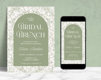 EDITABLE Green Chinoiserie, Vintage Floral Toile, Bridal Shower Brunch Invitation Template, Printable Invite & Text e-vite, Digital Download