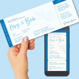 Modèle d'Invitation de billet d'avion pour baby shower bleu, modèle de carte d'embarquement pour garçon, thème de voyage modifiable, invitation imprimable et invitation électronique mobile numérique