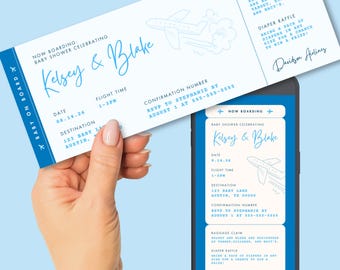 Blue Boarding Pass Baby Shower Airplane Ticket Invitation TEMPLATE, Editable Travel Theme Boy, Printable Invite & Digital Mobile E-vite