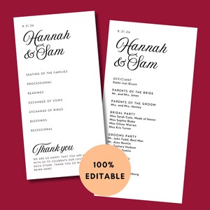 Pode incluir: Um programa de cerimônia de casamento com os nomes Hannah e Sam no topo. O programa lista a ordem dos eventos da cerimônia, incluindo a colocação das famílias, a procissão, as leituras, a troca de votos, a troca de alianças, as bênçãos e a saída. O programa também inclui uma mensagem de agradecimento aos convidados.
