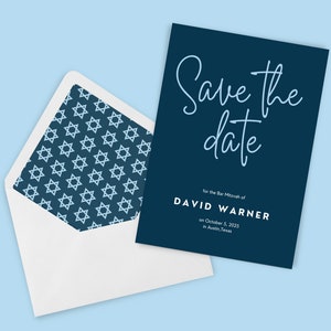 Modello modificabile per salvare la data del Bar Mitzvah, Stella di David blu DIGITALE stampabile scritta a mano con foto, idee divertenti per il Bar Mitzvah e il Bat Mitzvah